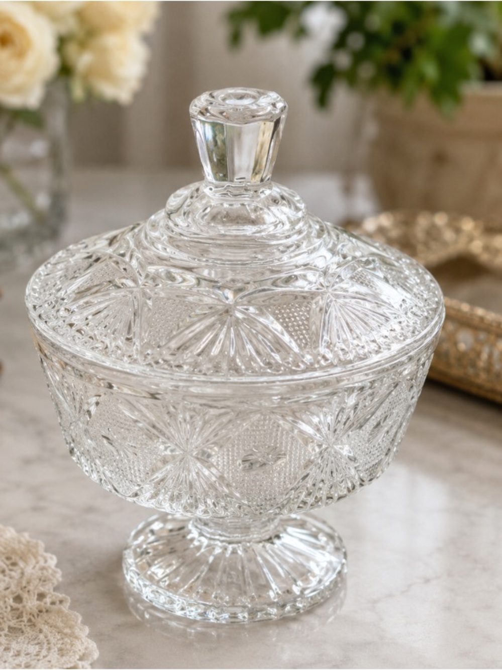 Vintage Elegant Clear Glass Candy Dish with Lid